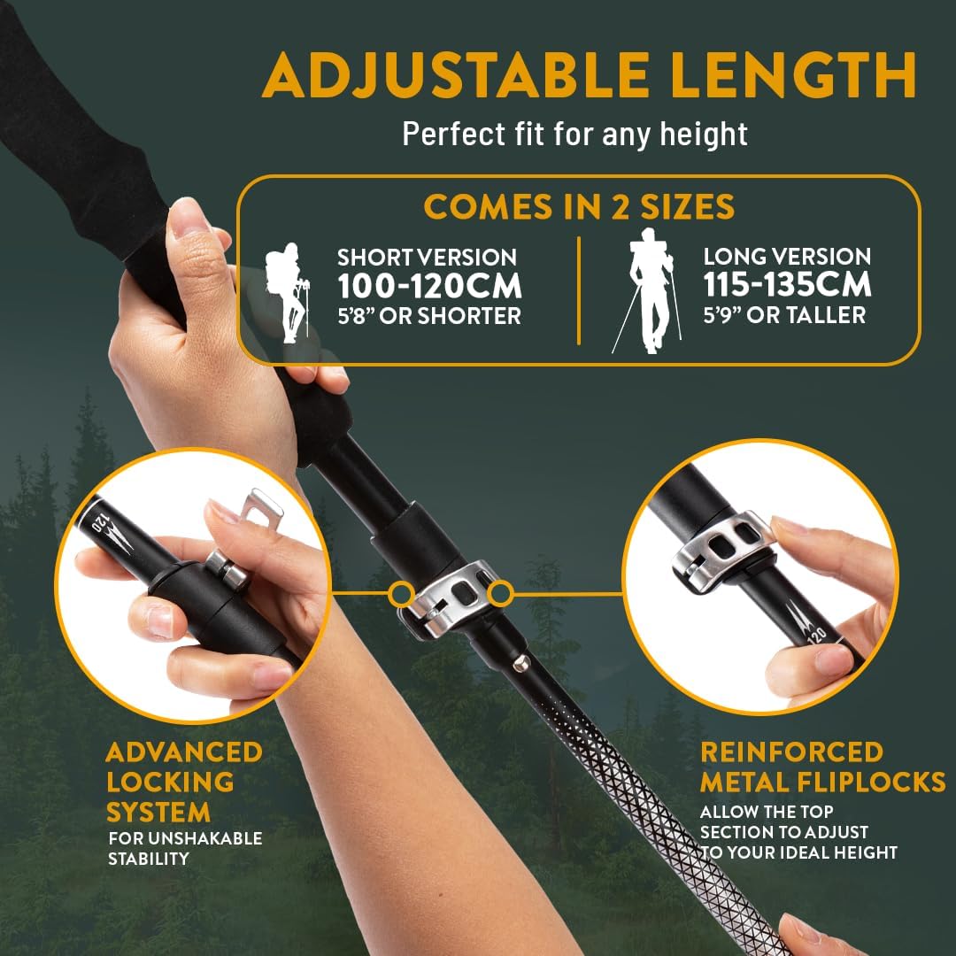 Premium Foldable Hiking Poles by USA Brand - Adjustable, Lightweight Trekking Poles Made of Aircraft Aluminum, Metal Flip Locks & Comfortable Real Cork and EVA Foam Grips - Image 4